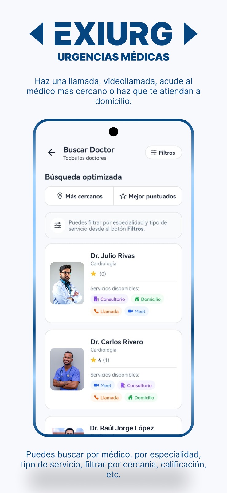 Pantalla de búsqueda de doctores en la app EXIURG, con filtros por cercanía y calificación
