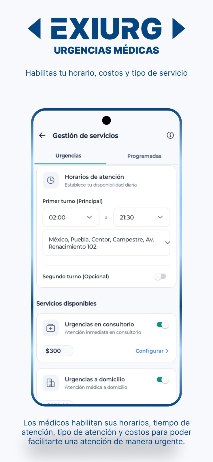 Pantalla de gestión de servicios del médico en EXIURG, con horarios y precios configurables
