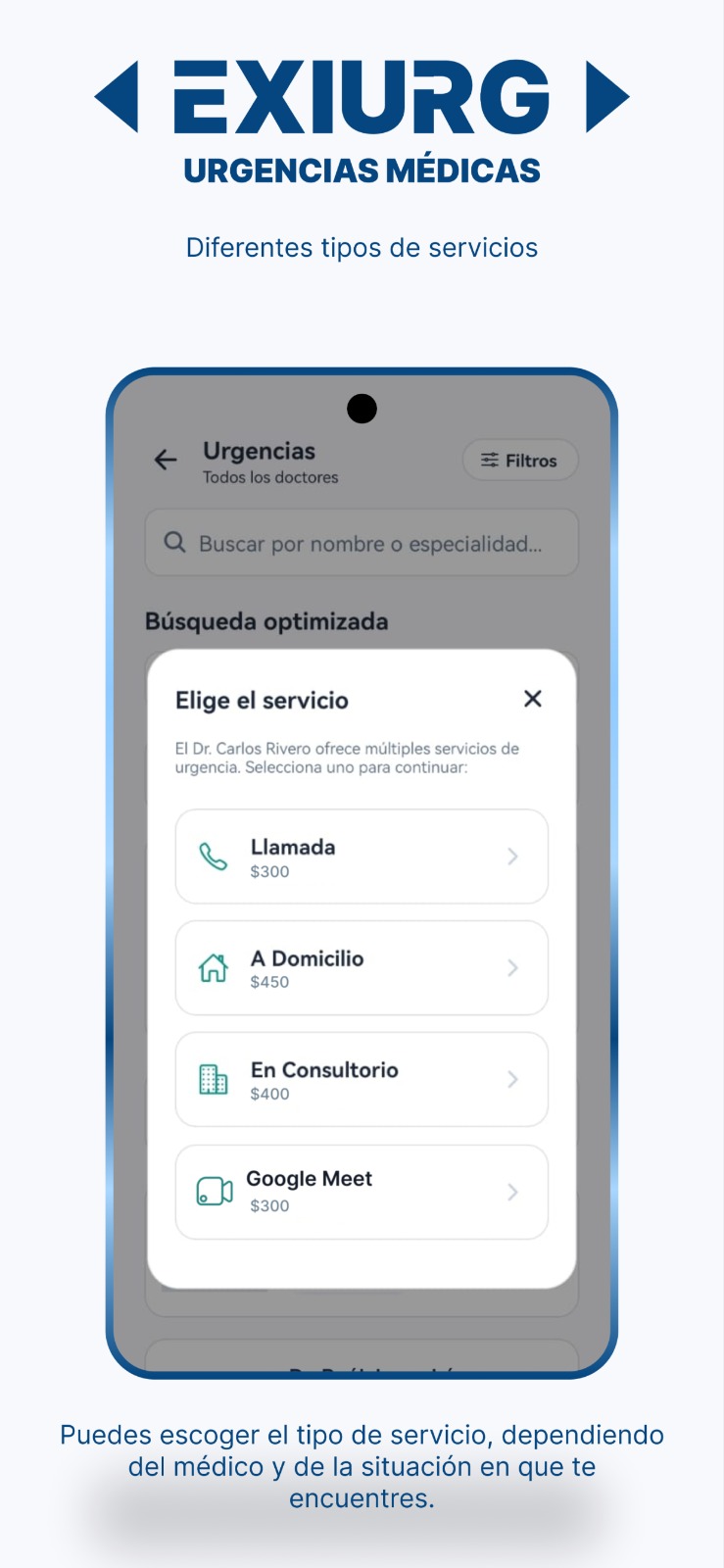 Pantalla para elegir el tipo de servicio: llamada, a domicilio, en consultorio o Google Meet